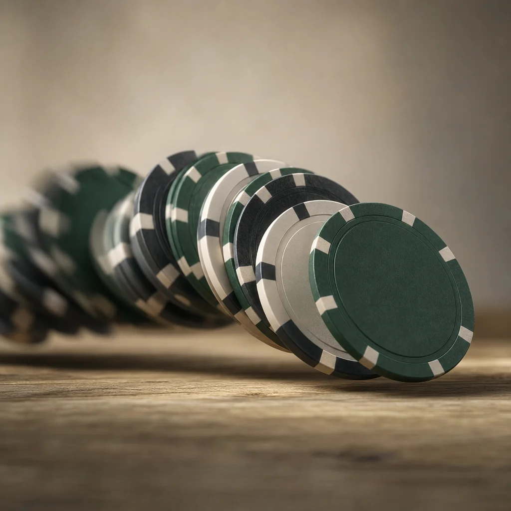 Macro close-up of stacked casino chips on warm beige